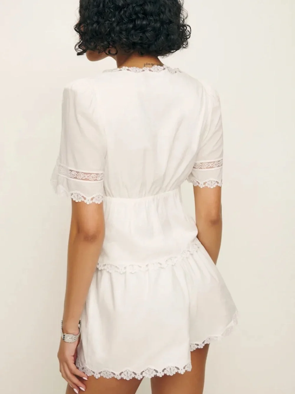 Reformation White Lace-Trim Tie-Front Peplum Top